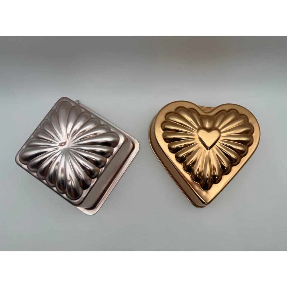 Vintage Copper Tone Aluminum Jello Molds Heart Square Sunburst Set of 2 H074